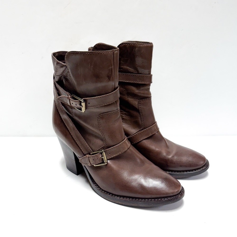 Via Spiga Brown Leather Belted Strappy Side Zip Ankle Boots